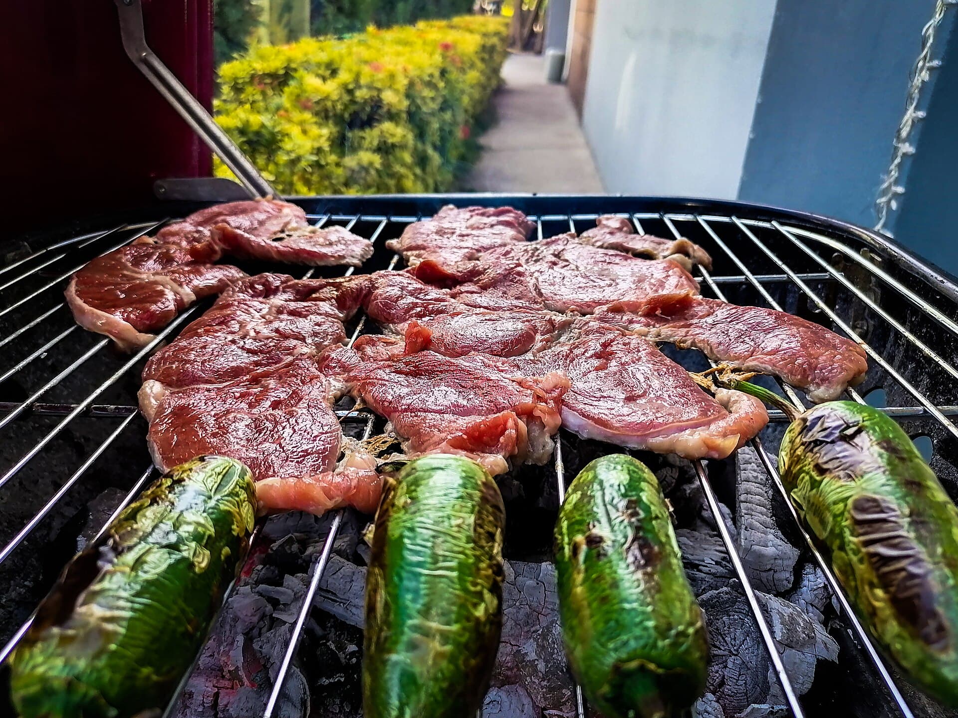 Asando carne y chile jalapeño en parrilla al carbón